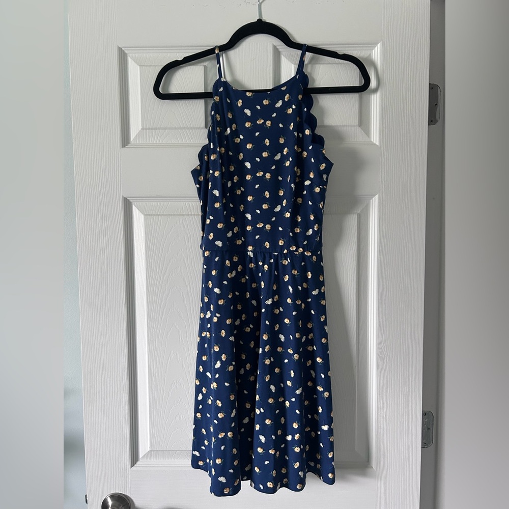 Navy Floral Midi Dress with Scalloped Sides The General Good Small
